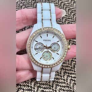 Fossil White Ceramic Watch with Gold Crystal Bezel